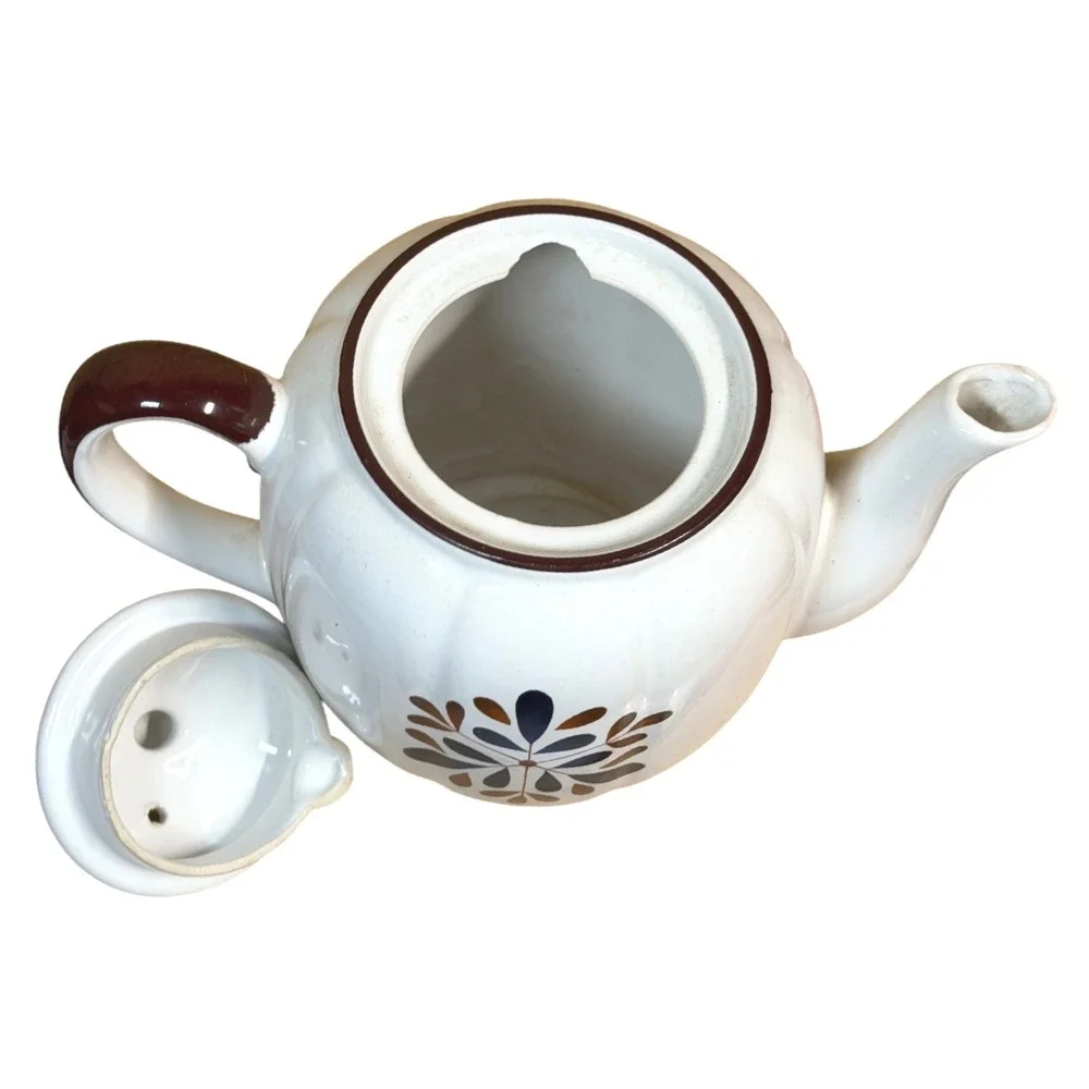 Vintage Japan Ceramic Teapot White Blue Brown Floral Mid Century Retro Tea‎ Pot